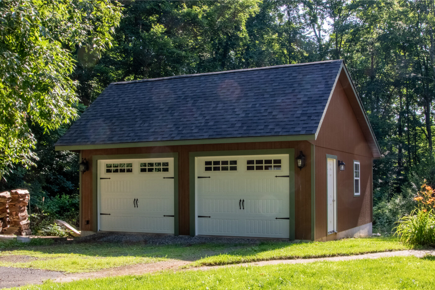 exterior of brown and green 2 car garage for sale in ny