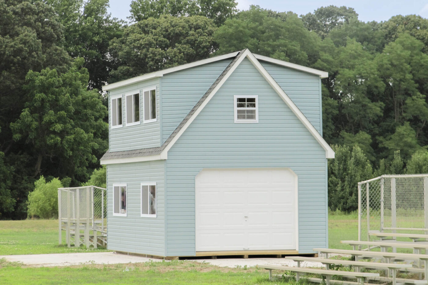 blue 2-story single-car garage press box built for a customer near Lakewood Township, NJ