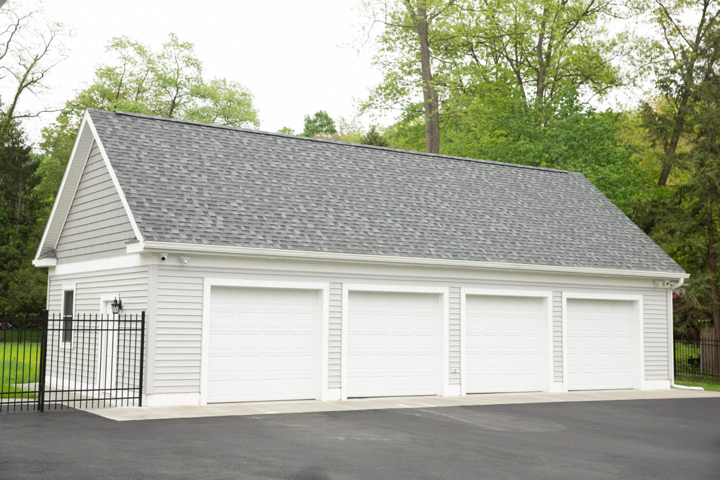 gray 4-car garage with attic built for a customer near Syracuse, NY