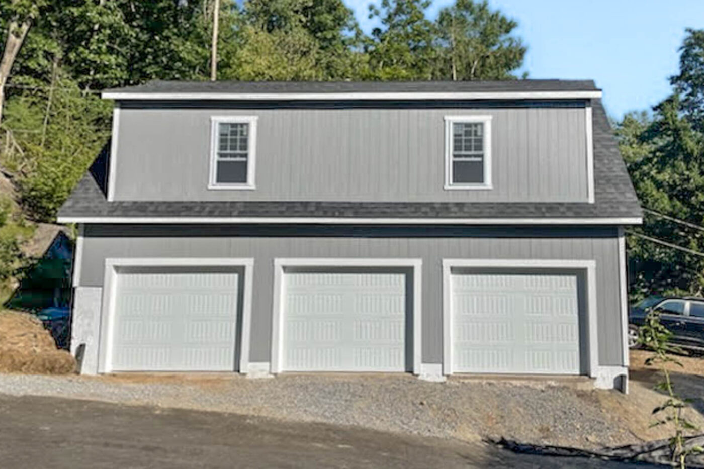 gray 2-story 3-car garage built for a customer near Waterbury, CT