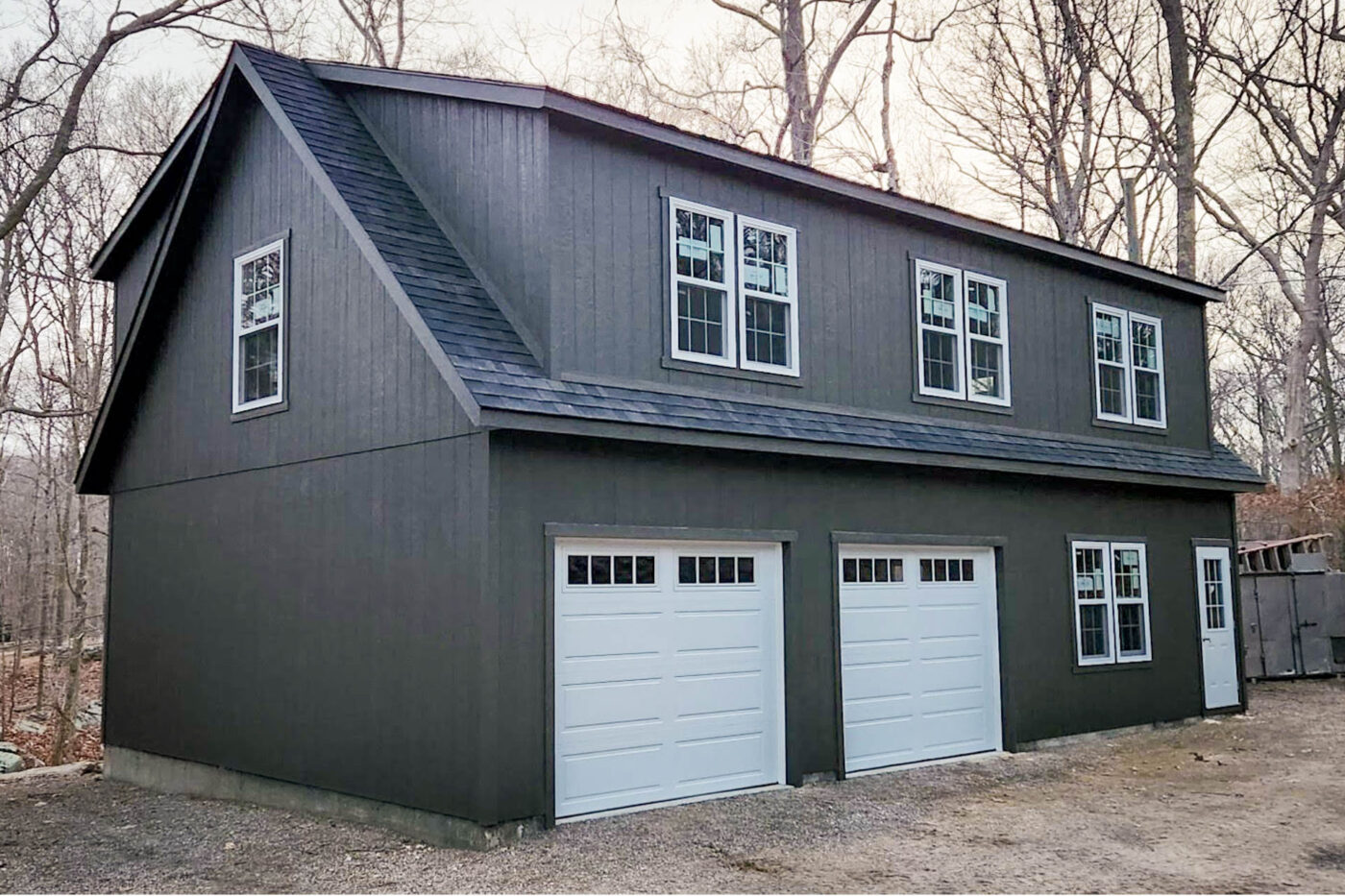 a 2-story legacy 2-car workshop garage shed built for a customer near Providence, RI