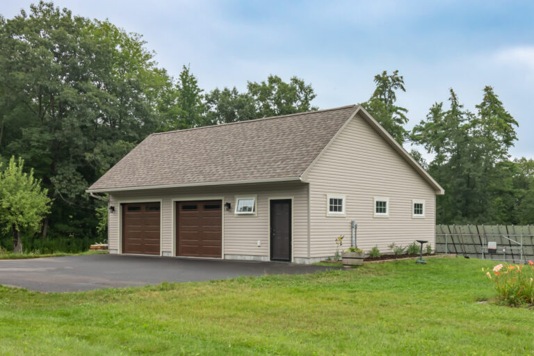 A 28-36 single-story standard saltbox two-car garage in Wilton, NH