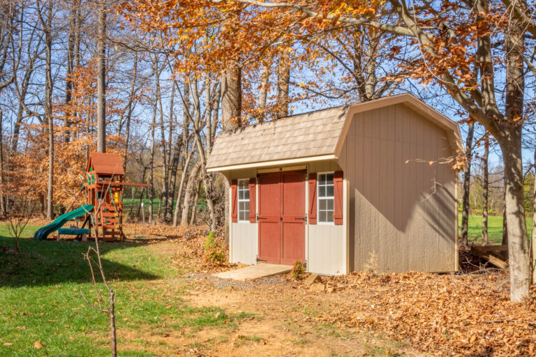 A 10x12 shed with Barn Red Doors in Kingsville, MD.