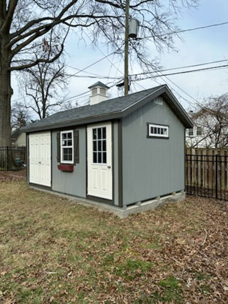gray Classic Workshop Shed in Arlington, VA with bronze shutters and cupola