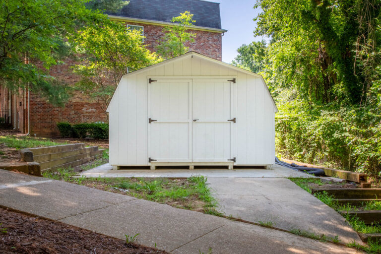 a white 12x18 minibarn shed in Annapolis, MD built by Sheds Unlimited
