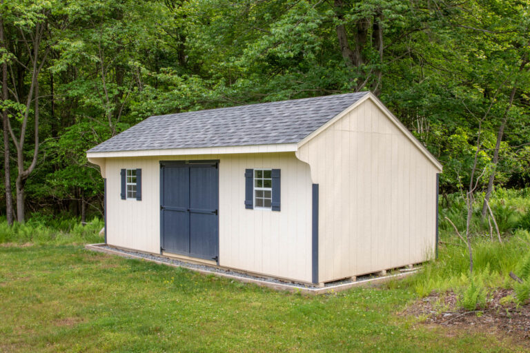 a Navajo White 12x22 standard saltbox shed in Mountain Top, PA with Deep Ocean trim