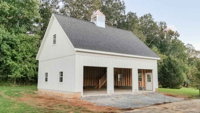 white Legacy 2-story 3-car garage in Purcellville, VA with cupola