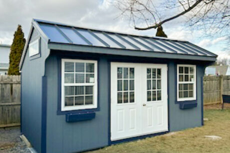 8x16 Standard Saltbox shed in Hamilton, NJ with metal roof and flowerboxes