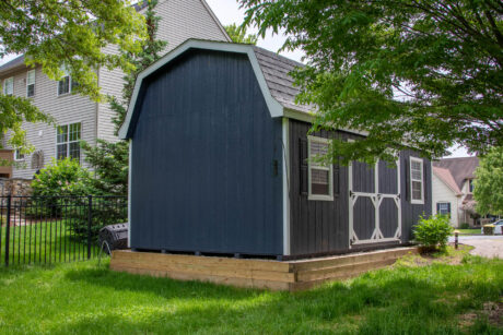 blue single-car premier dutch barn garage with white garage door and trim in Schwenksville, PA