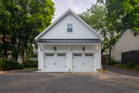 a white 2-car garage with an attic in Greenwich, CT