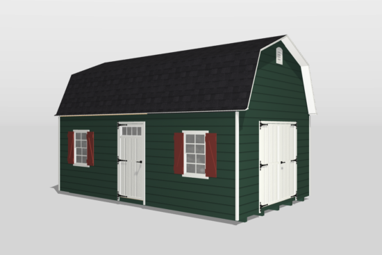 A Dutch-style barn shed 3d design with green clapboard siding