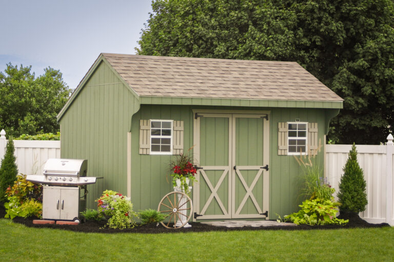 A completed saltbox shed kit with wood siding