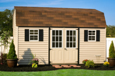 A yard barn kit with vinyl siding