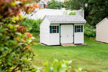8x12 saltbox shed with white siding in Berwyn, PA.