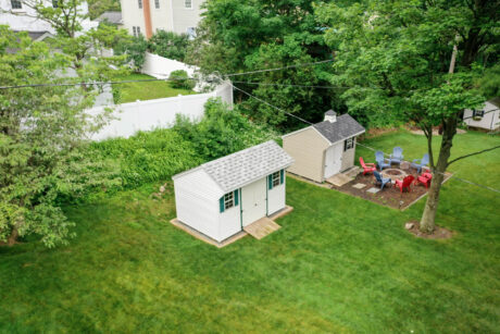 An aerial shot of an 8x12 saltbox shed in Berwyn, PA.