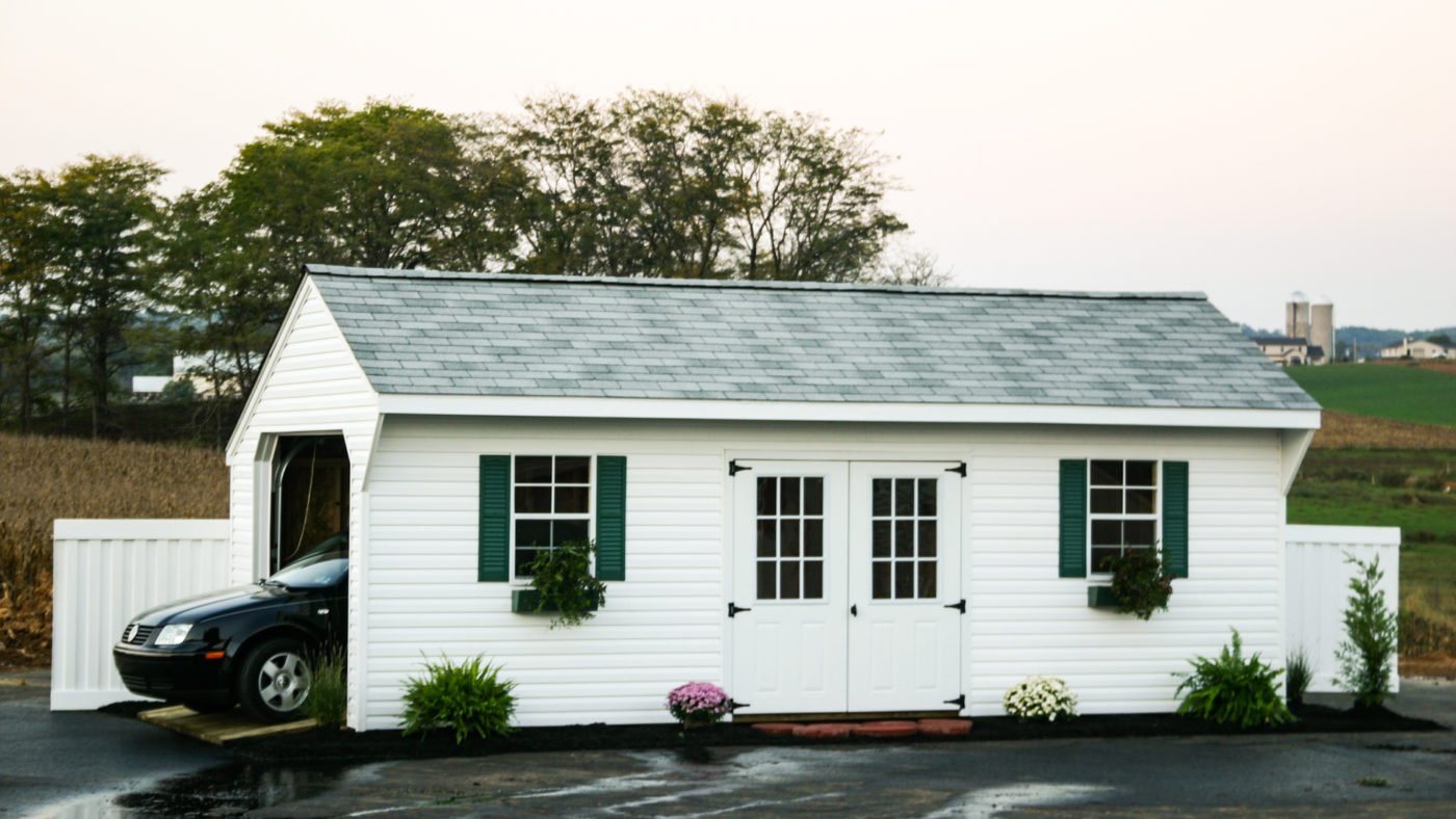exterior picture of excellent quality saltbox amish garage for sale