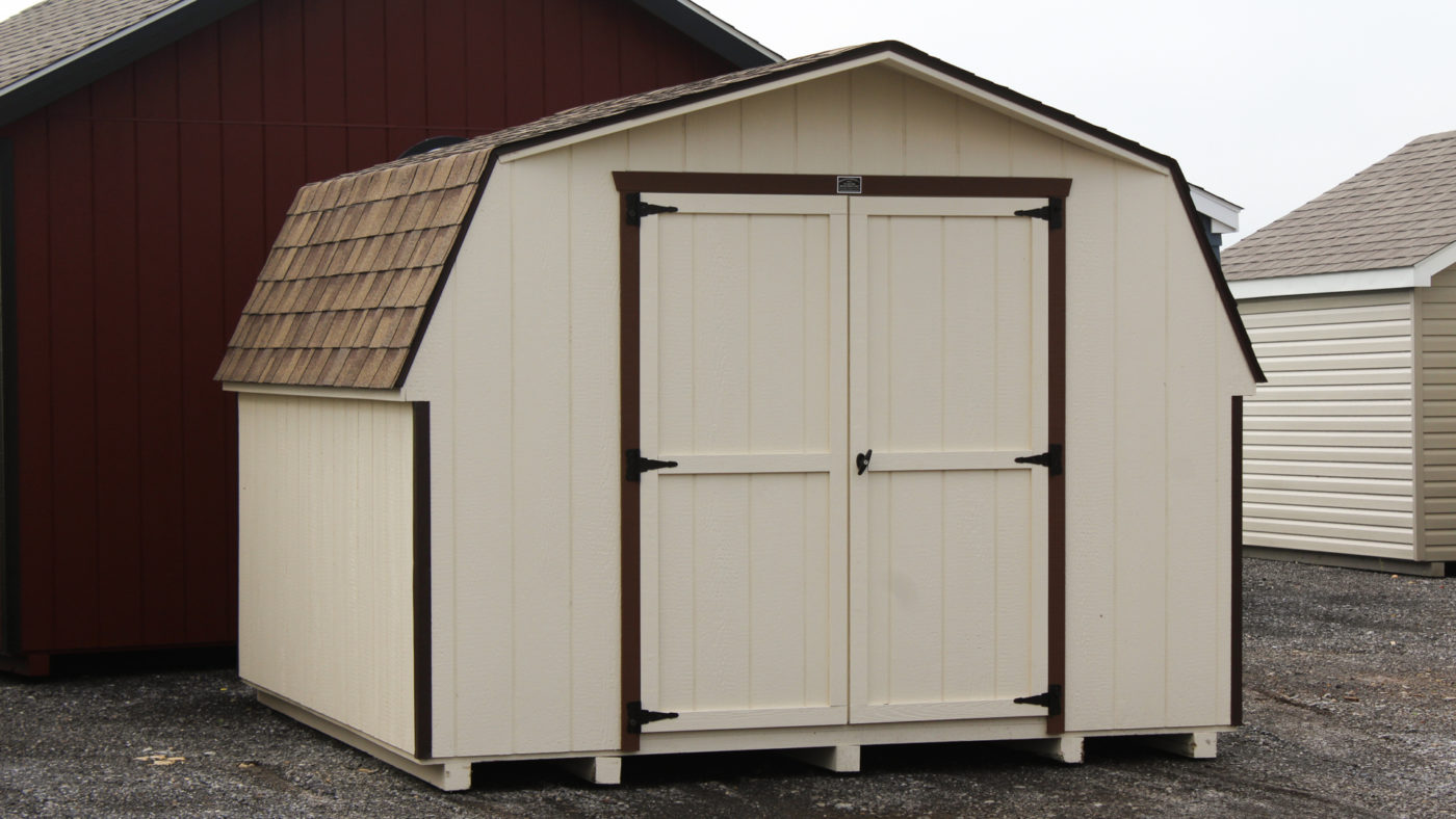 exterior of brown and tan wooden bike storage shed for sale