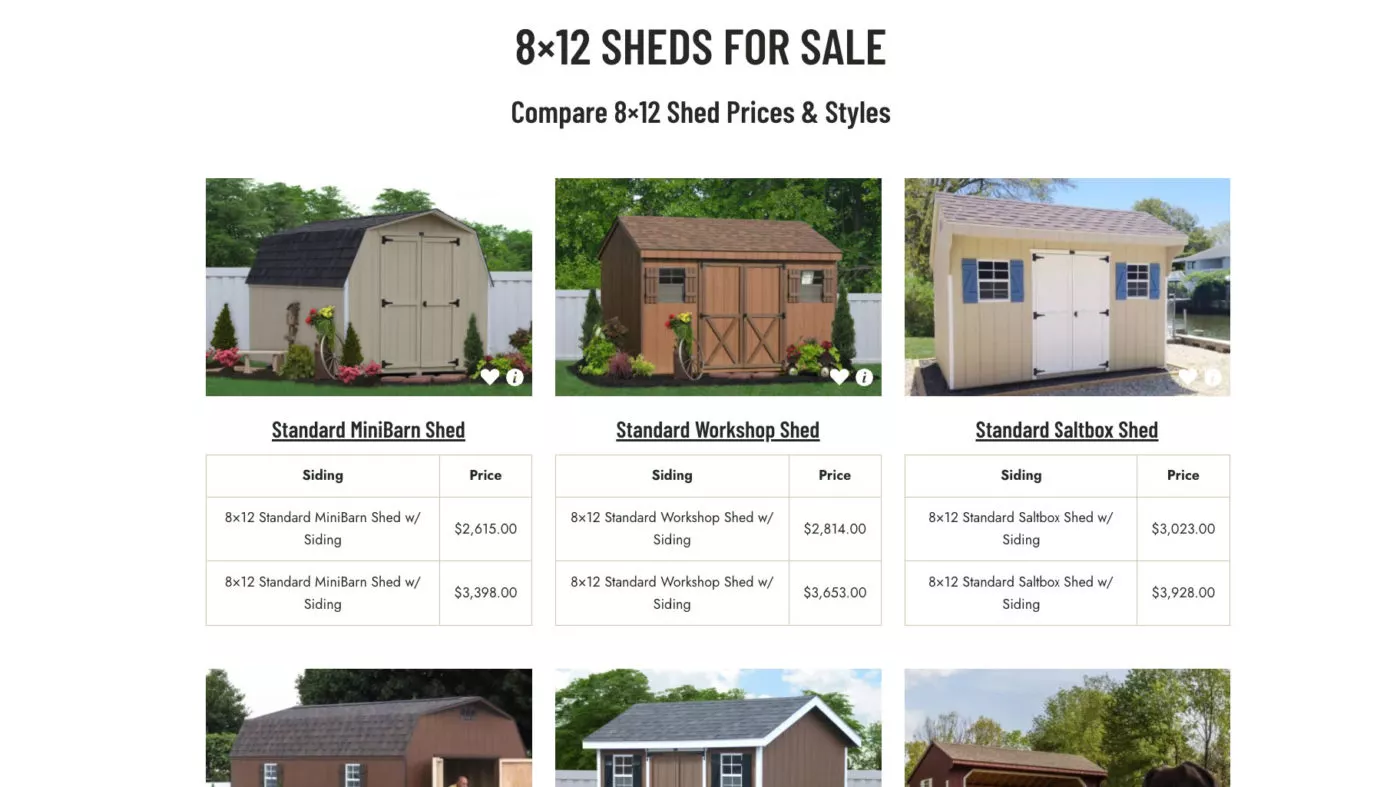 exterior screenshot of size page for sheds by size page in detached garage cost article
