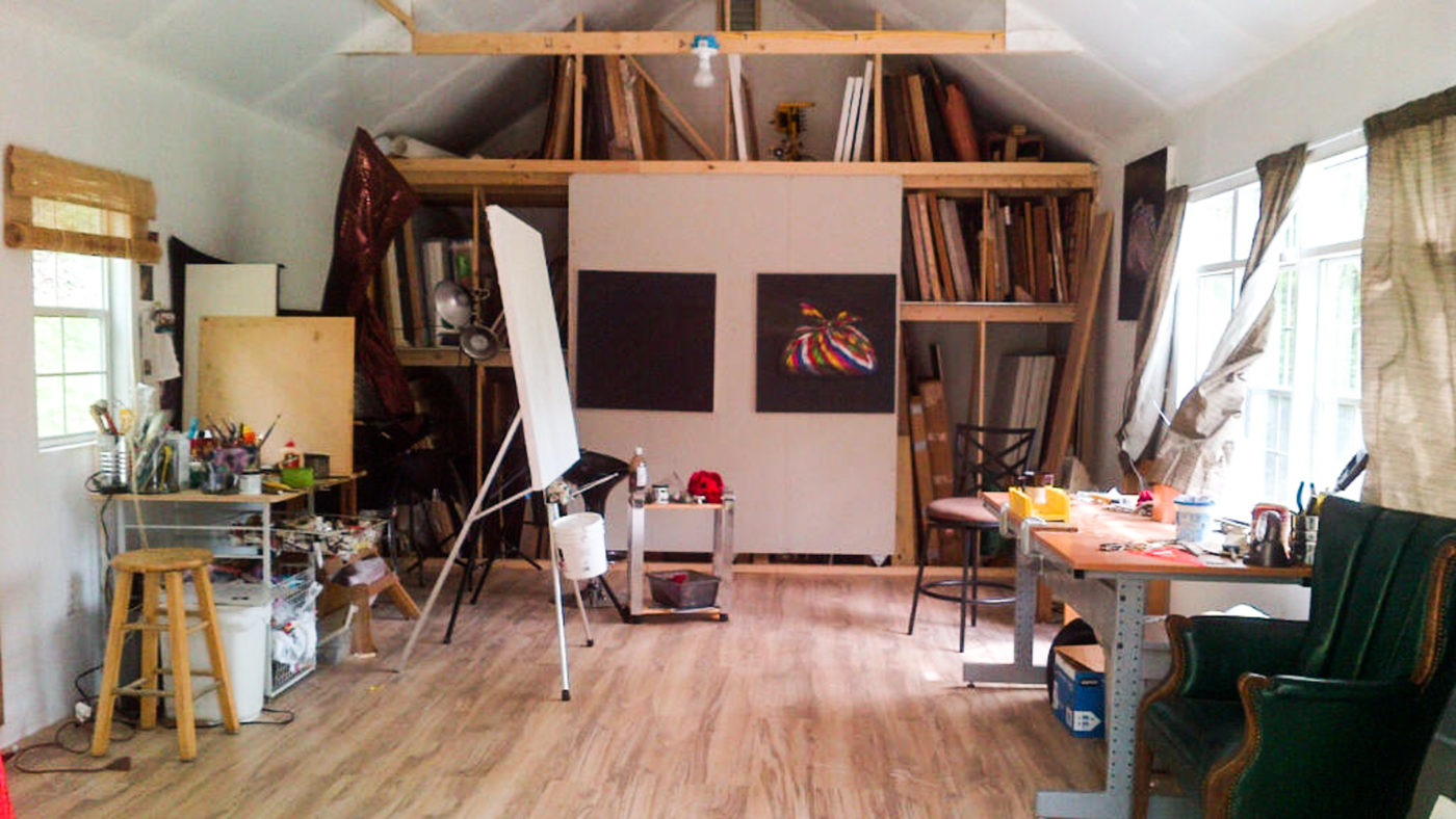 interior of a shed that was converted to art studio
