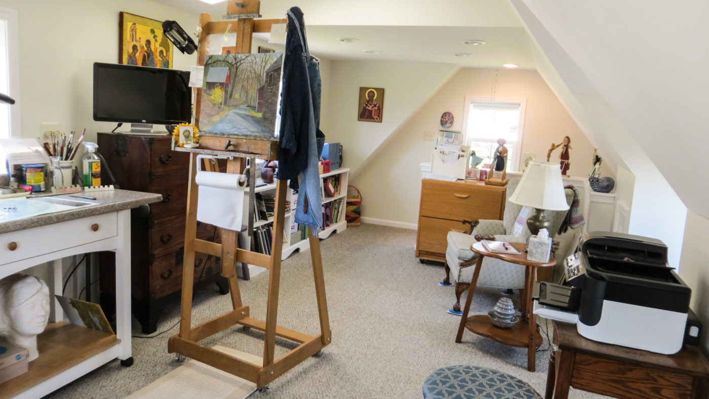 inside of a art shed that was converted from shed to art studio