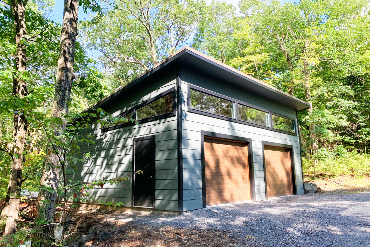 outside of one of many modern two-car garage sheds for sale in PA