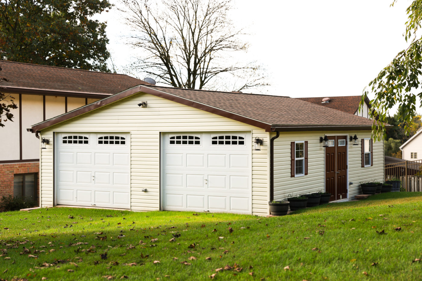 exterior photograph of a two-car garage shed for sale in PA