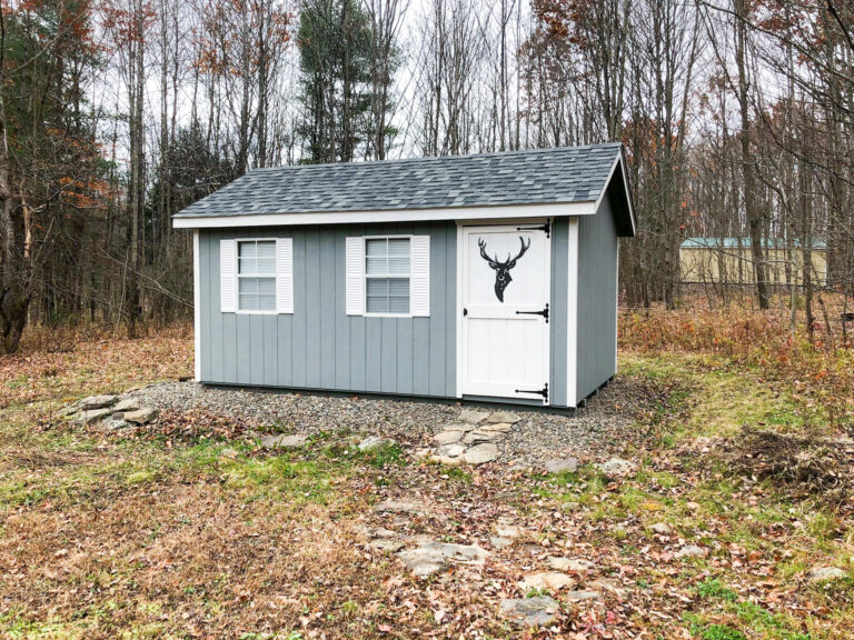 exterior of a quality-built barn in the woods for sale in PA