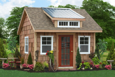 outdoor garden shed with cedar shakes