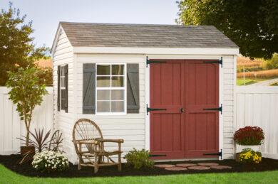 An outdoor shed kit with vinyl siding