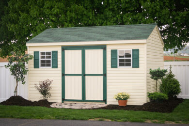 An outdoor shed kit for sale with vinyl siding
