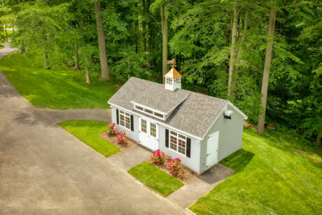 Aerial view of a 14x28 single-car garage in Gladwyne, PA with a cupola