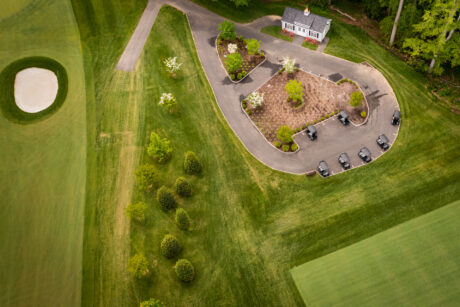 Aerial view of a 14x28 single-car garage in Gladwyne, PA at a golf course