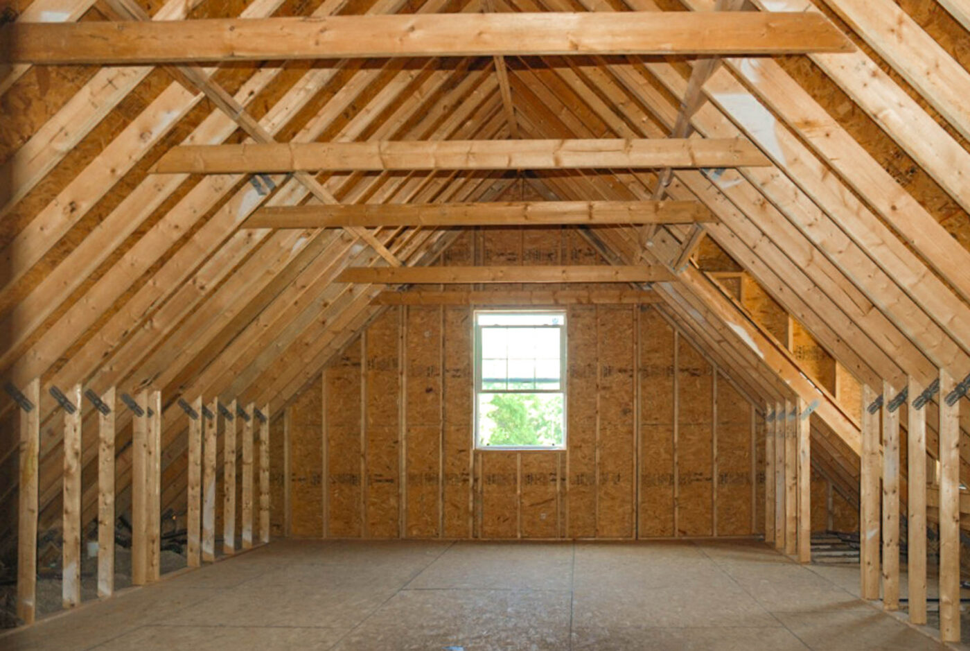 A garage with attic trusses.