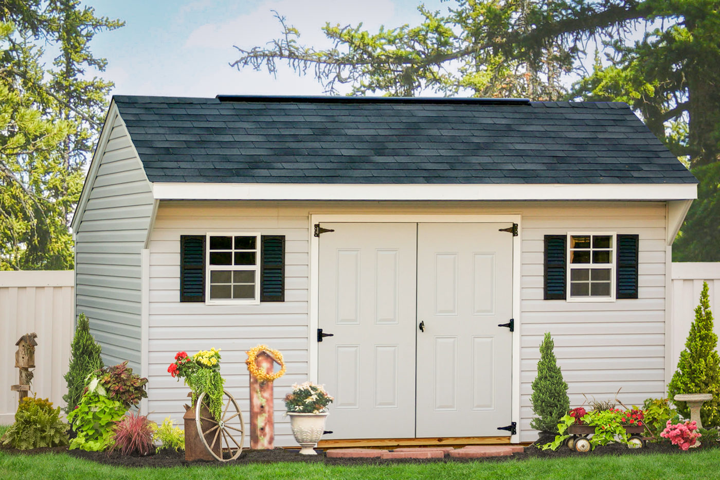 A garden shed kit with vinyl siding