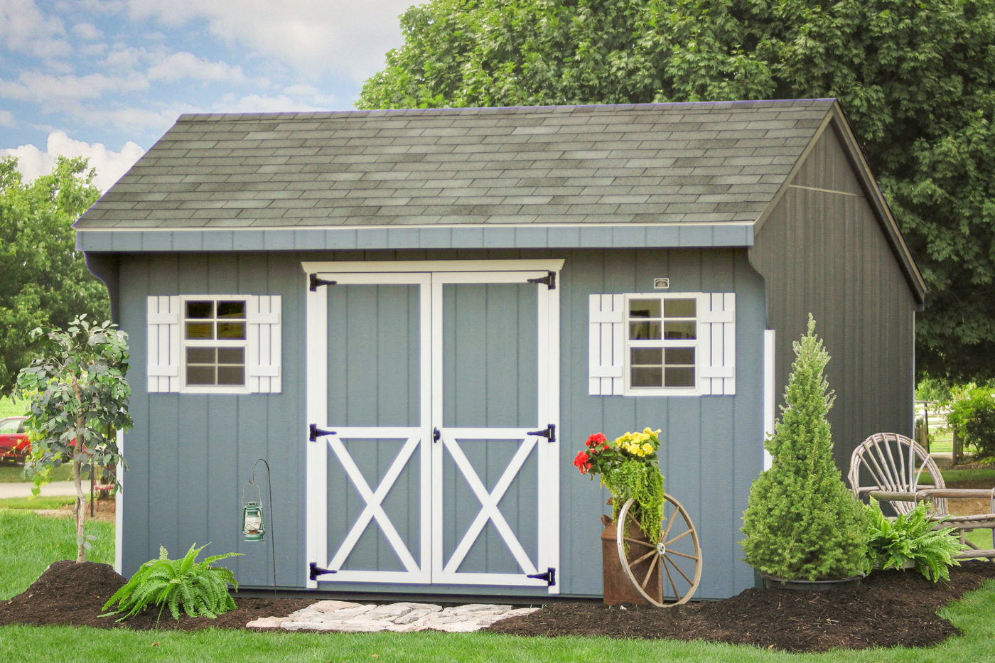 A garden shed kit with wood siding