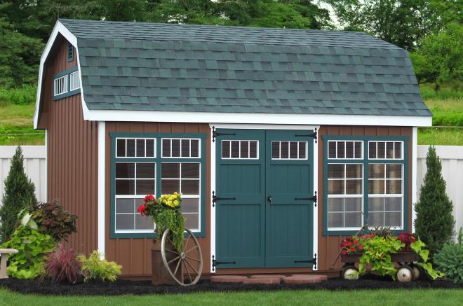 backyard storage sheds with board and batten siding