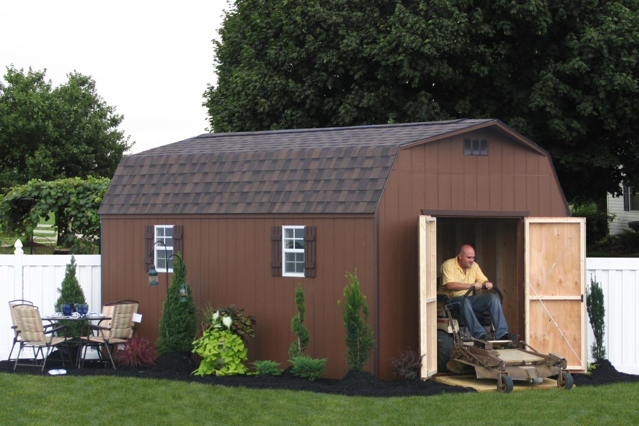backyard storage sheds with lawn mower