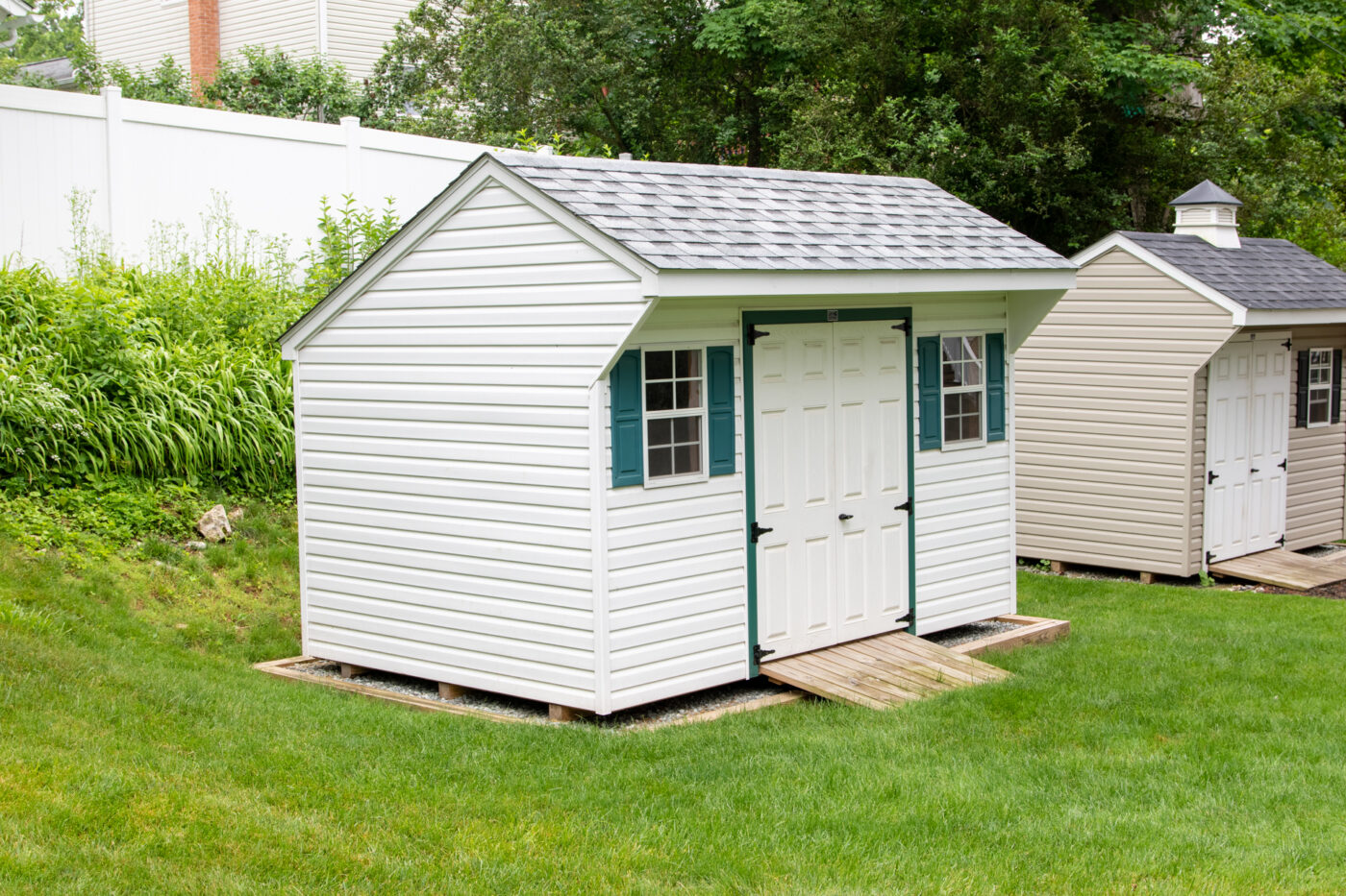 exterior of white and green saltbox shed for sale in nj