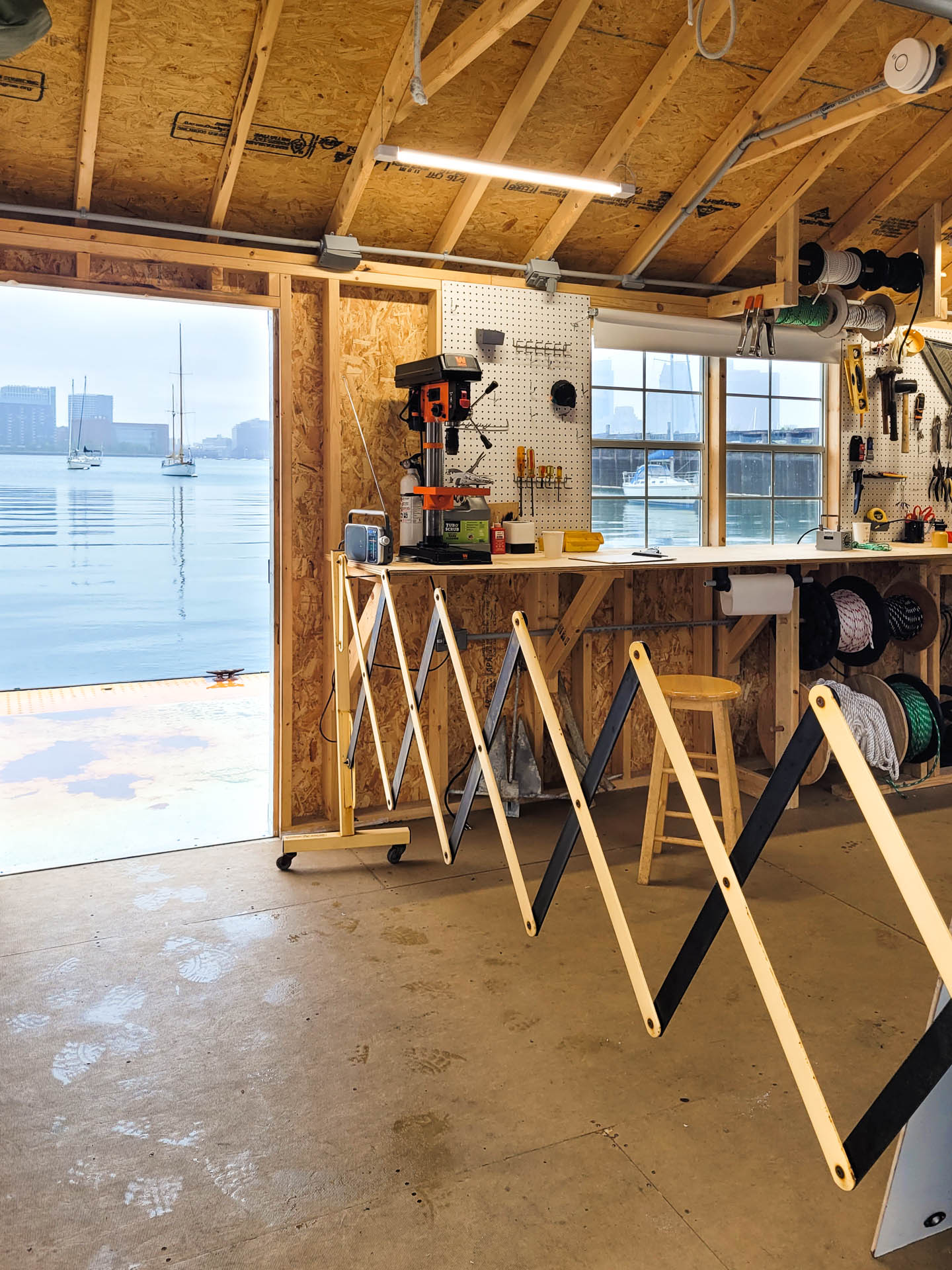 A workbench in a harbor-side shed in Boston, MA.